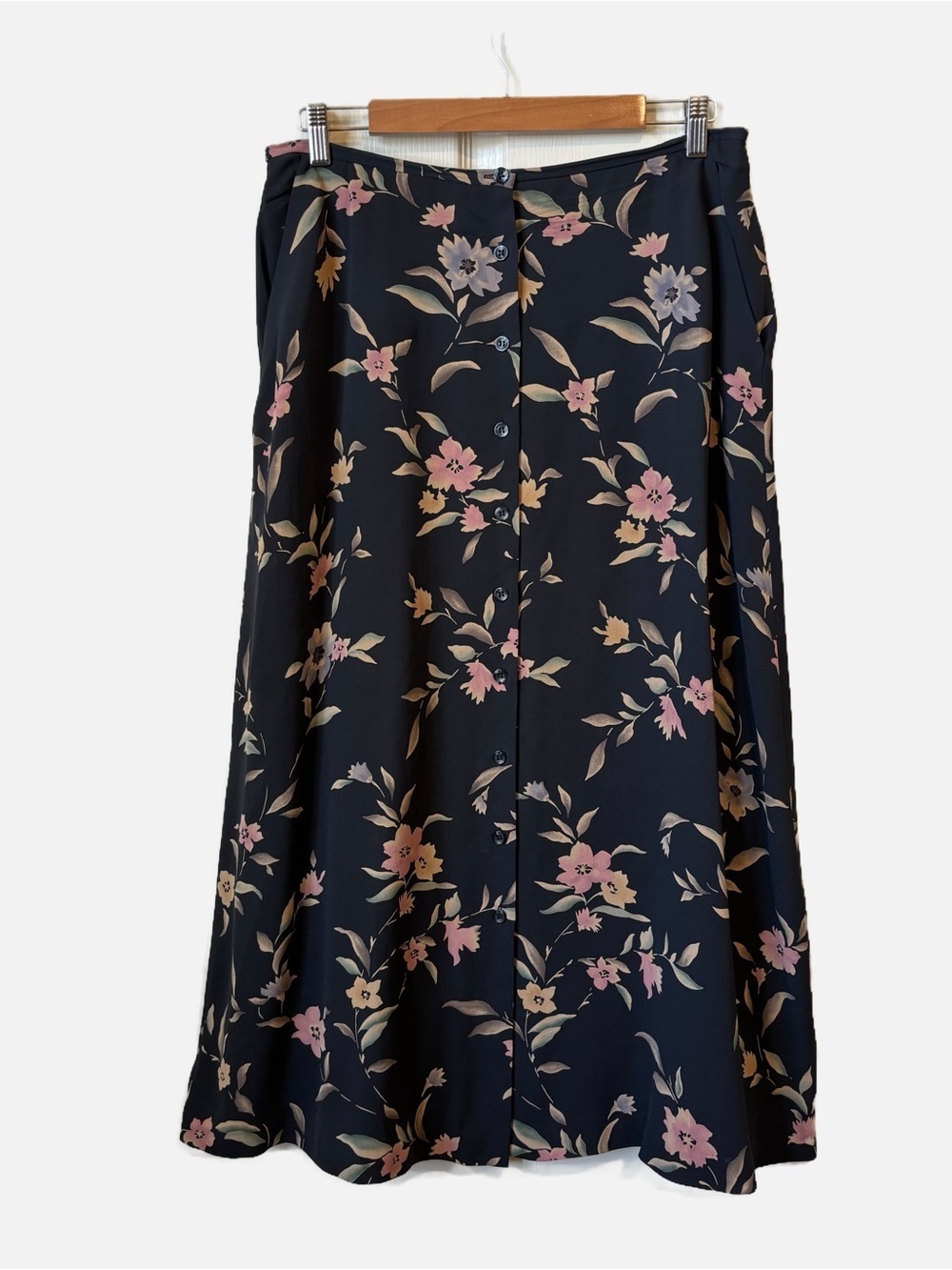 Jones New York Silk A-Line Midi Skirt with Pink & Cream Floral Print Size 14